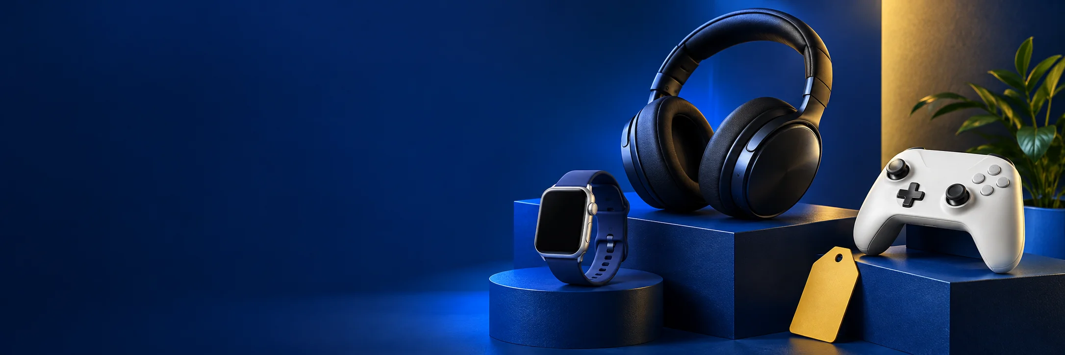 Fones, relógio e controle de jogos em uma composição azul