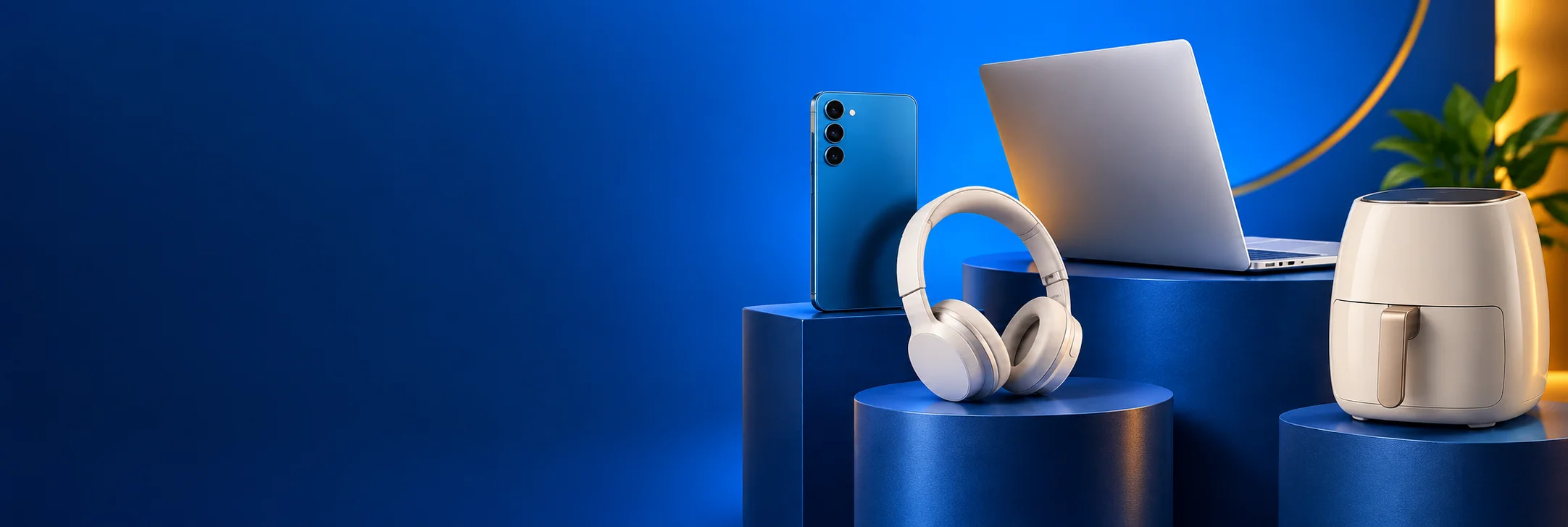 Celular, notebook, fones e eletrodoméstico em uma composição azul