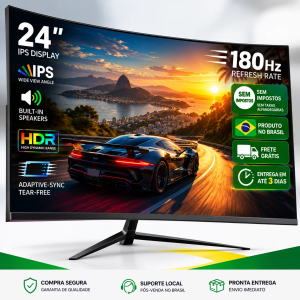 Monitor Gamer 24 Polegadas FHD Curvo IPS 180Hz AMD FreeSync 1ms HDMI DP Sem Moldura Tela Imersiva para PC Setup Gam