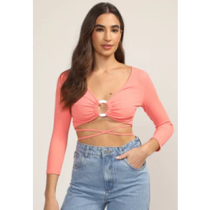 Blusa Cropped Lança Perfume Canelada Amarração Rosa