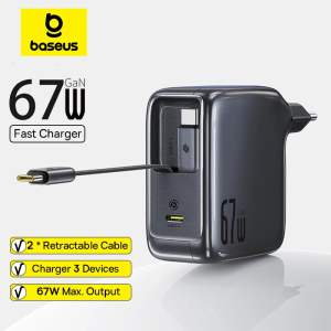 Baseus 67w 100w carregador rápido gan carregador usb c cabo retrátil carregador de telefone para iphone samsung portá