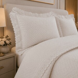 Colcha Cobre Leito Queen 3 peças percal 300 Fios Matelado com Renda Bordada LUXO Estilo Renda Portuguesa