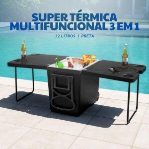 Super Caixa Térmica Cooler Multifuncional 32L 3 em 1 Com 2 Mesas Camping Praia Arqplast All Black