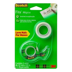 SCOTCH 3M Fita Mágica 12 mm x 20 m com 2 Rolos e 1 Dispensador - Transparente Após Aplicação Não Amarela com o Tem