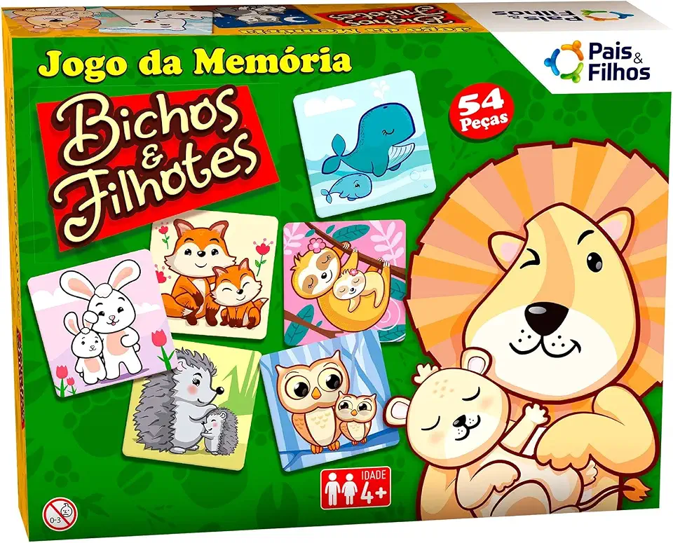 Pais & Filhos, Jogo da Memória, Bichos e Filhotes, 54 Peças, Multicor