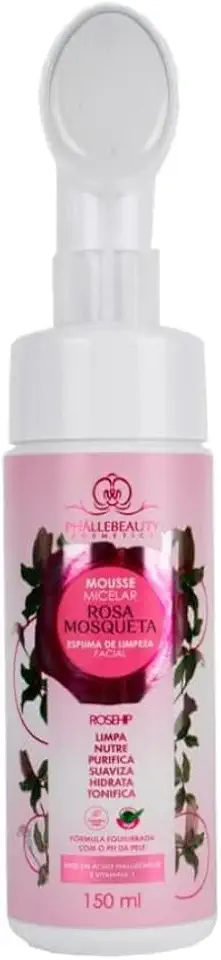 Espuma de Limpeza Facial Mousse Micelar Rosa Mosqueta 150ml – Com Vitamina E e Ácido Hialurônico, Pele Limpa, Macia e Hidratada, Hipoalergênica, Sem Álcool
