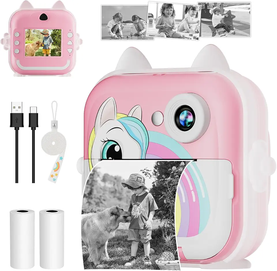 Câmera Fotográfica Infantil, Câmera Digital Infantil que Imprime 20MP 1080P, Tela 2,4", Zoom 6X, Impressão Térmica 200 dpi, Vídeo, Time Lapse, Jogos, Portátil com Papel de Impressão – Rosa