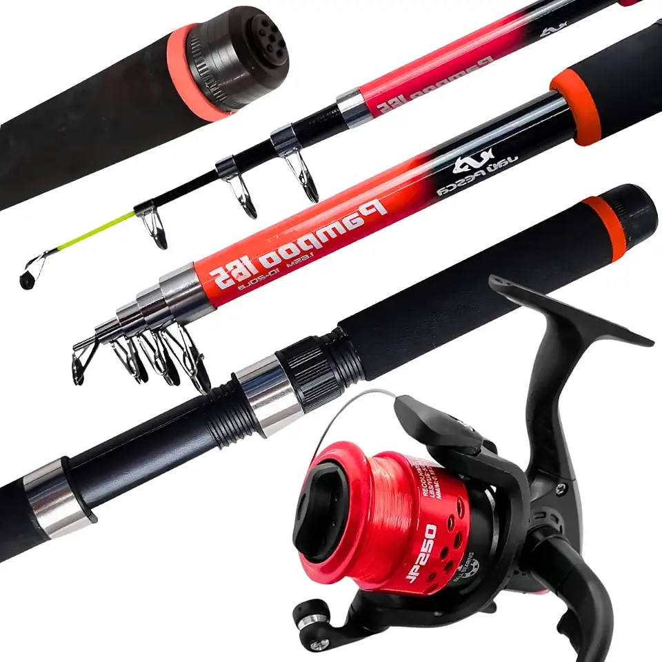 JP Pampoo Kit Vara Telescópica de Pesca, 1,65m, com Molinete JP250, 3 Cores Disponíveis