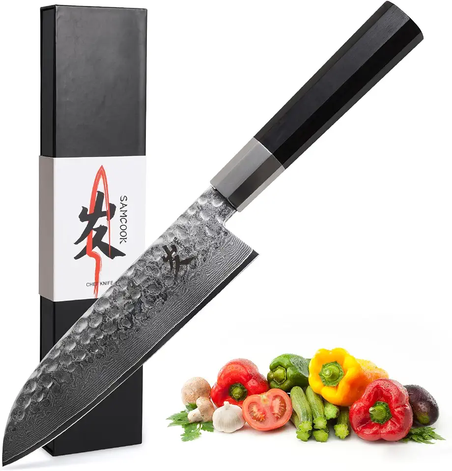 SAMCOOK Faca de chef Santoku – Faca japonesa profissional de 17 cm – VG10 Faca de cozinha damasco martelada de aço inoxidável damasco de alto carbono – Cabo ergonômico octogonal de ébano com caixa de