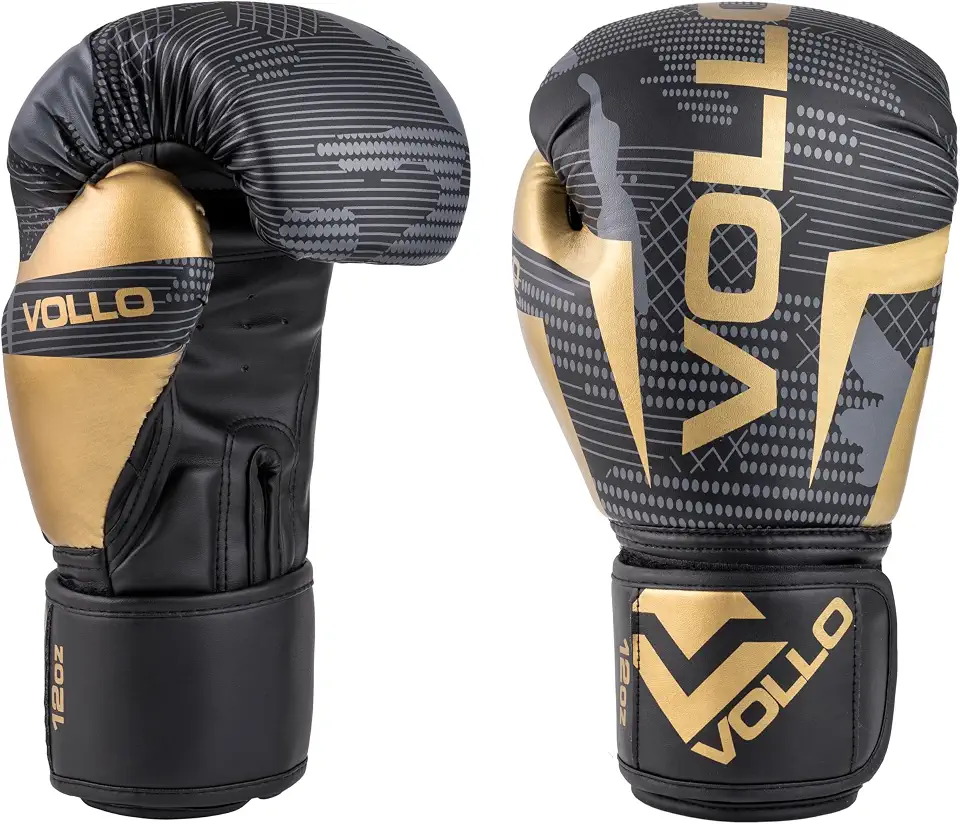 Luva de Boxe Muay Thai Training Preta, Cinza e Dourada 12oz PU Vollo