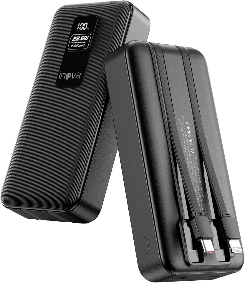 INAVA Power Bank, Carregador Portátil Universal 20000mAh, Carregamento Rápido 22.5W PD, Design Ergonômico, Compatível com iPhone 17/16/15/14/13/12 e Android, Ideal para Viagens (Preto)
