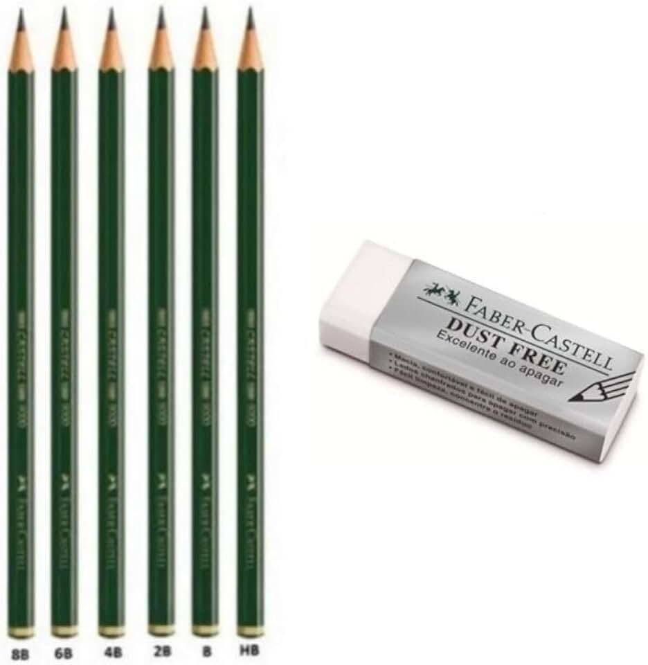 Lápis Grafite Técnico Faber, Kit com 6 Peças, HB, B, 2B, 4B, 6B, 8B, Borracha Dust Free