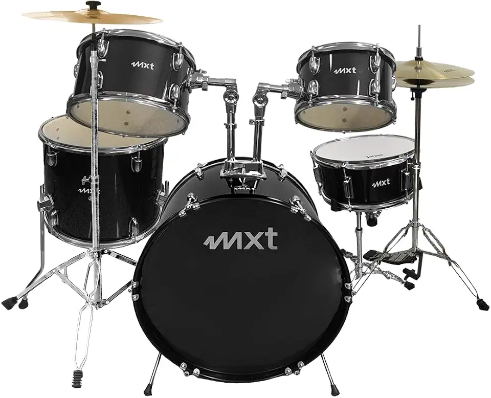 MXT Bateria Acústica, 5 Peças, Bumbo 20" x 16", Tons 10" e 12", Surdo 14", Caixa 14", Pretos com Ferragens Cromadas