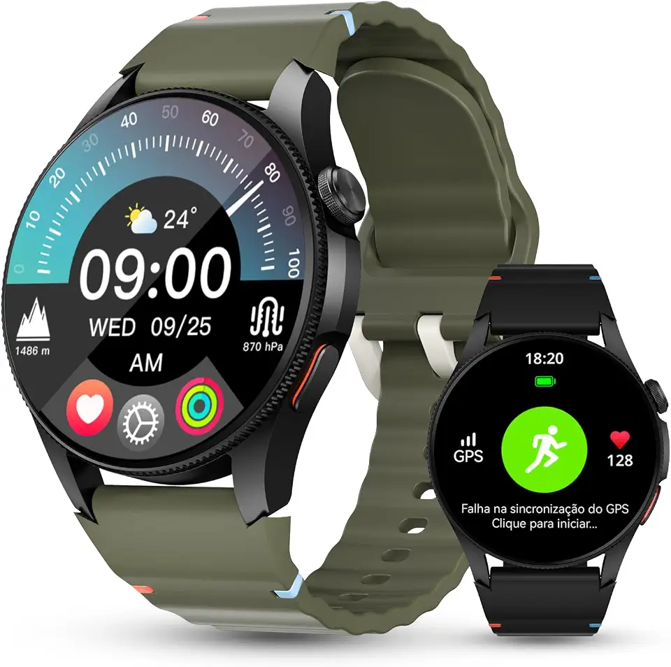 Relógio inteligente Aurafit Smartwatch Masculino Feminino, Atender/Fazer Chamada Altímetro/Barômetro/Bússola, à Prova D'água 3 ATM, GPS, Mais de 150 Modos Esportivos, Com IOS e Android 2 Pulseiras