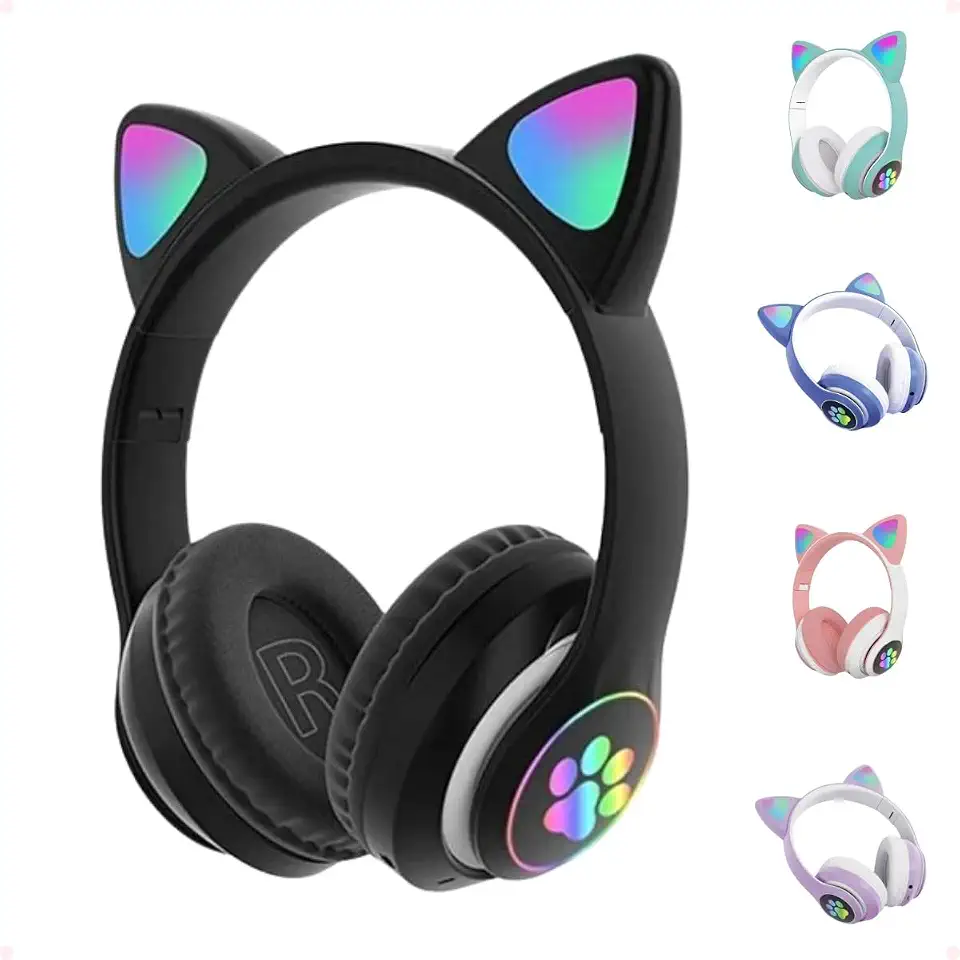 Fone de Ouvido com Orelha de Gatinho Infantil com Luzes RGB nas Orelhinhas e Patinhas Para Crianças Tamanho Ajustável Dobrável Headphone Bluetooth Conectividade Multiuso Premium (Preto)