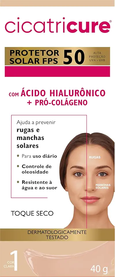 CICATRICURE Protetor Solar Facial FPS 50 Antissinais Toque Seco Cor Clara, Previne Rugas e Manchas, Ultra Proteção UVA UVB, Ácido Hialurônico para Pele Oleosa, 40 ml, 1 pack