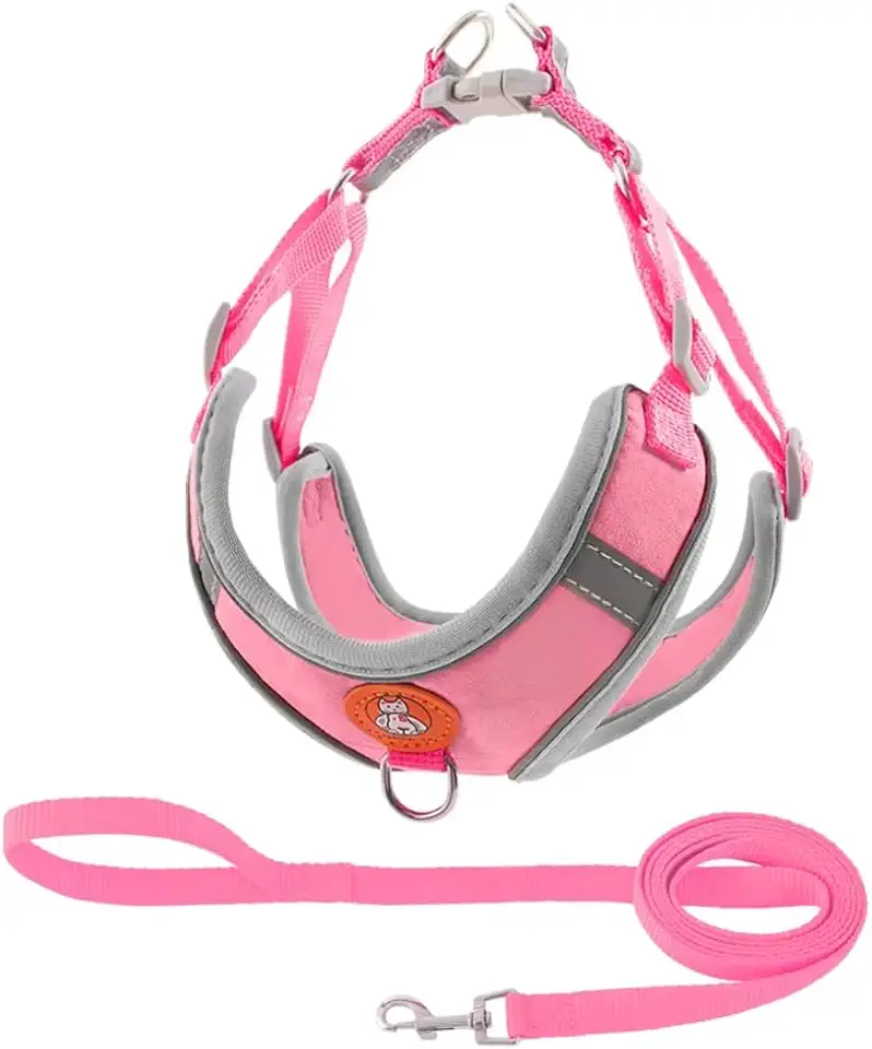 Coleira Peitoral para Cachorros e Gatos com Colete Reflexivo Regulável e Guia de Passeio Material Respirável, Brilha no Escuro, Ajuste Seguro com Fivela e Mosquetão (ROSA, L)