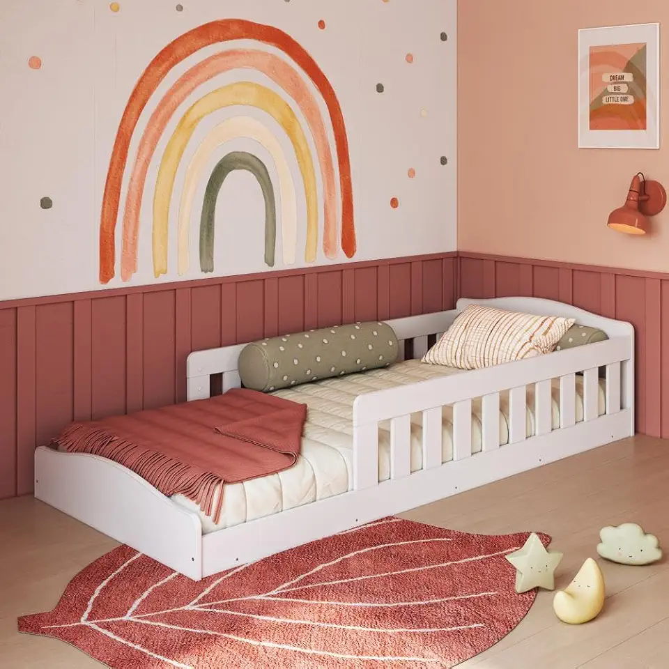 Cama Infantil de Chão Montessoriana de Solteiro Menino Menina com Grade Proteção