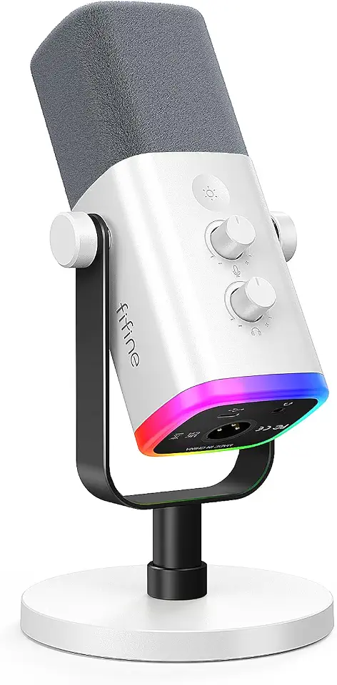 FIFINE Microfone para jogos XLR/USB para podcasting, microfone RGB para computador PC, com botão de ganho, botão de mudo, conector de monitoramento, microfone para jogadores para gravação- AM8 Branco
