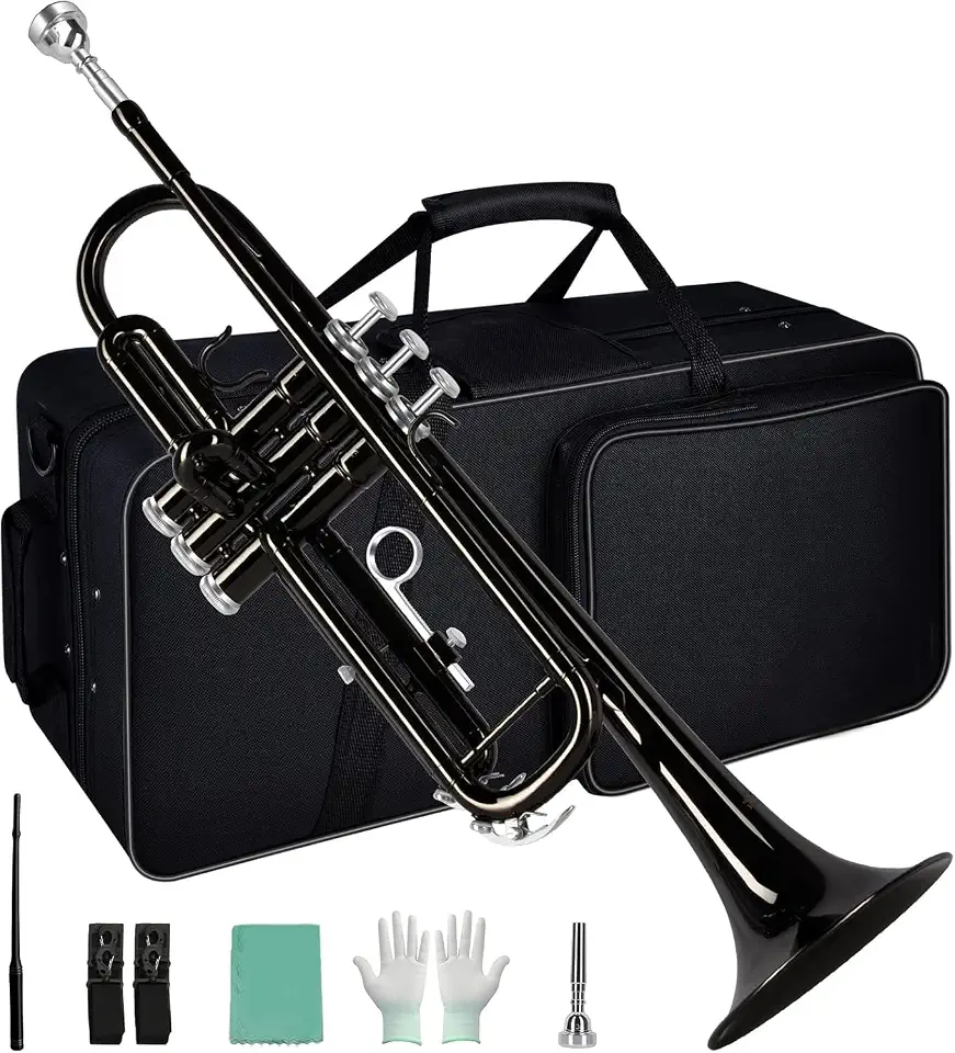 VEDO Conjunto Trompete Standard Bb Student - Trompete de metal Latão para estudantes com bocal rígido 7C e luvas, Estojo Rígido, adequado para iniciantes ou estudantes avançados, orquestras, preto