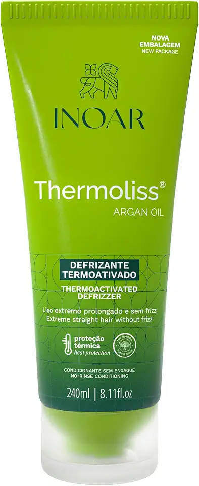 Inoar, Thermoliss, Bálsamo Defrizante Finalizador, Redução de Frizz e Efeito Liso Gradativo, Queratina Vegetal, Pró-Vitamina B5, Creatina e Óleo de Argan, Vegano – Para Cabelos Ondulados ou com Frizz, 240ml