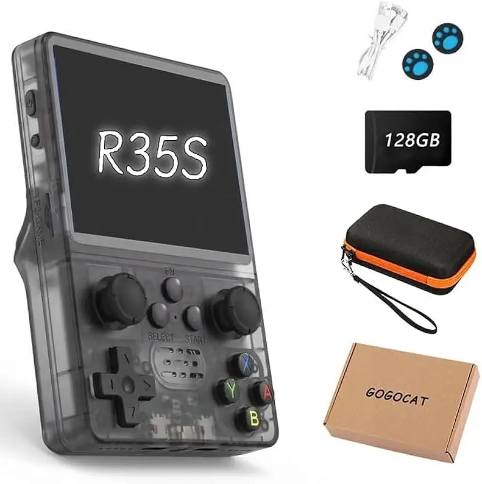 R35S Console de Jogos Portátil Retrô,tela de 3,5 Polegadas,39.000 Jogos Integrados,R35S 128 GB,Sistema Arkos 2.0,Video Game Portatil,Acompanha Estojo de Transporte - Preto