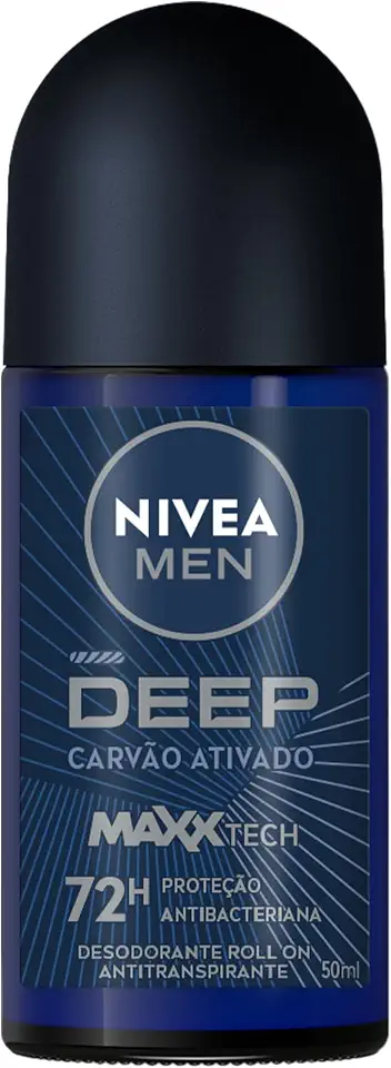 NIVEA MEN Desodorante Antitranspirante Roll-on Deep MaxxTech Carvão Ativado 50ml, Proteção 72h, Controle do Suor e Odor Intenso