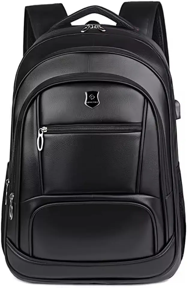 Mochila Masculina de Couro Preta, Impermeável, com Compartimento para Notebook, 46x32x17 cm