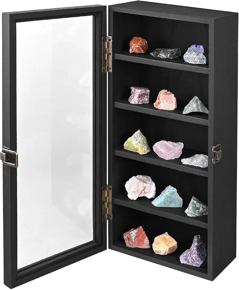Ikee Design Vitrine colecionável de madeira montada na parede, 5 prateleiras, acessórios de armazenamento com porta de vidro temperado, cor preta