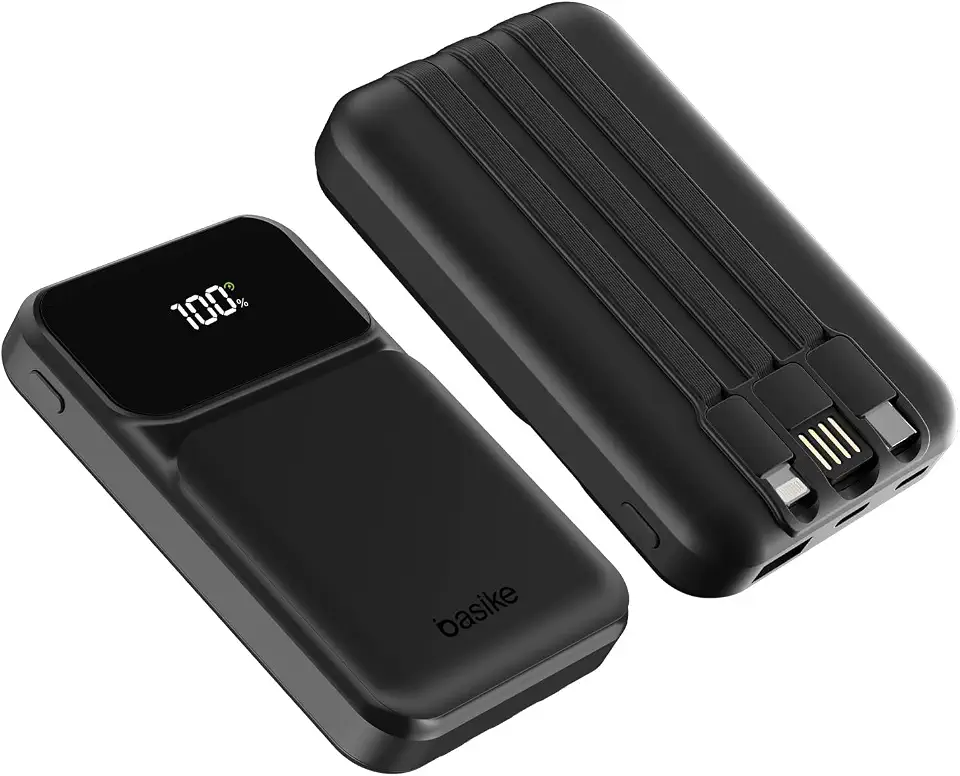 Basike Power Bank, Carregador Portátil Universal 10000mAh, USB-A(até 22.5W)+USB-C(até 20W) com 3 Cabos Integrados (USB-C, USB, Lightning) Carregamento Rápido, Led Indicador de Bateria (Preto)