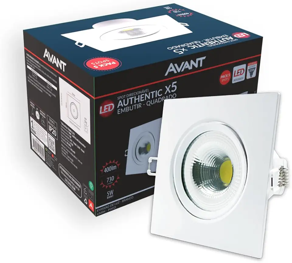Avant Kit Spot LED 5 unidades 5w 6500k Branco Frio Embutir Quadrado 110v/220v Bivolt Cod: 865031373