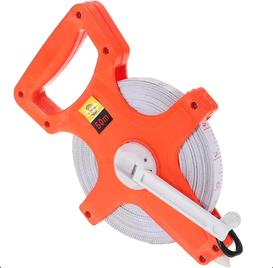 Trena Profissional Fibra de Vidro Manivela Fita de Medição Longa Resistente Caixa Aberta 50 Metros para Construção Obras e Uso Externo