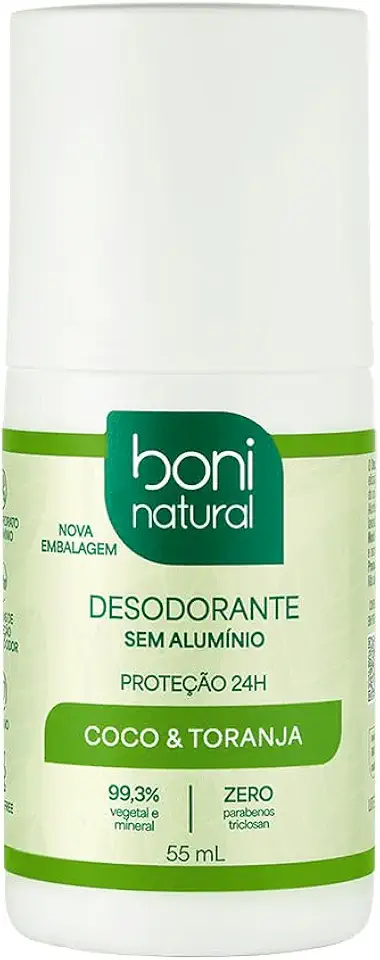 BONI NATURAL - Desodorante Roll-On sem Alumínio, Natural, Vegetal e Vegano, Coco e Toranja, 55ml
