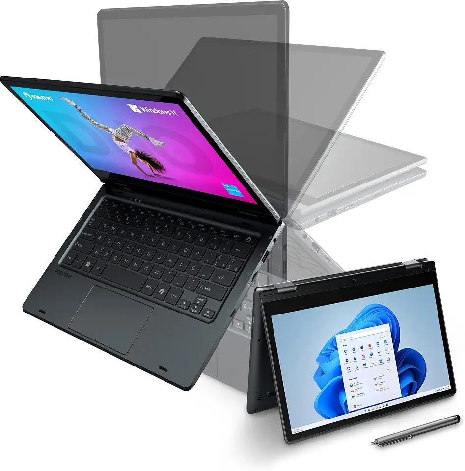 Notebook 2 em 1 Positivo Duo Intel Celeron N4500 4GB RAM 128GB de Armazenamento Tela 11" HD IPS touch com caneta capacitiva, Windows 11 Home – Cinza – C4128E