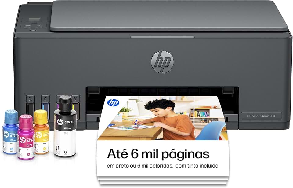Impressora Multifuncional HP Smart Tank 584 Tanque de Tinta Colorida Wi-Fi com autorreparo, USB - Impressora, Copiadora e Scanner Cor: Cinza Chumbo (5D1C1A)