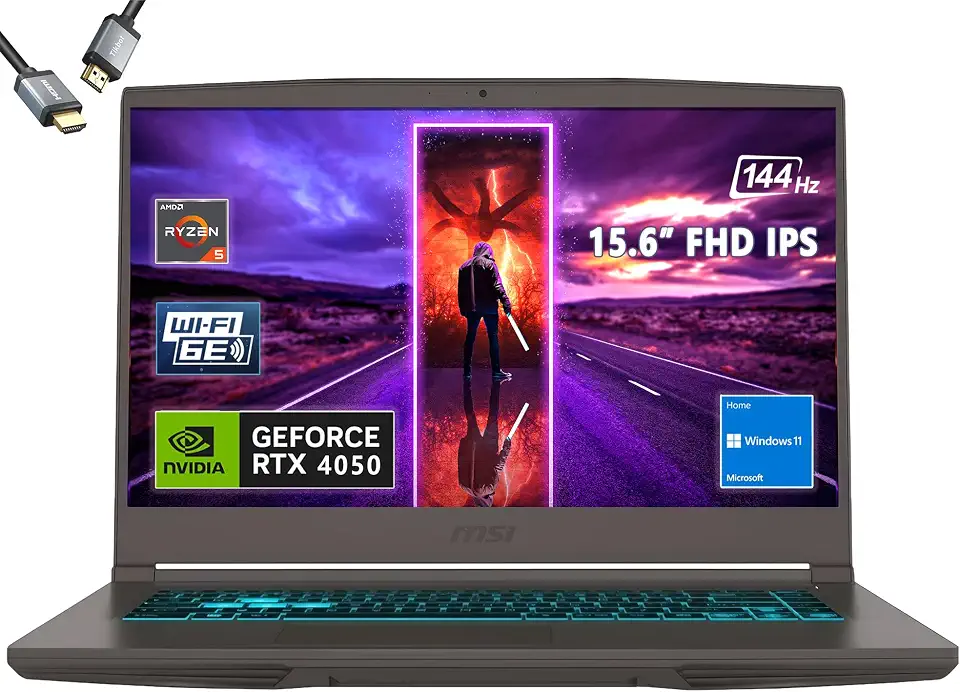 MSI Notebook para jogos fino de 15 15,6 polegadas 144 Hz, AMD R5-7535HS, RTX 4050, Windows 11, com HDMI (32 GB de RAM | SSD PCIe de 1 TB)