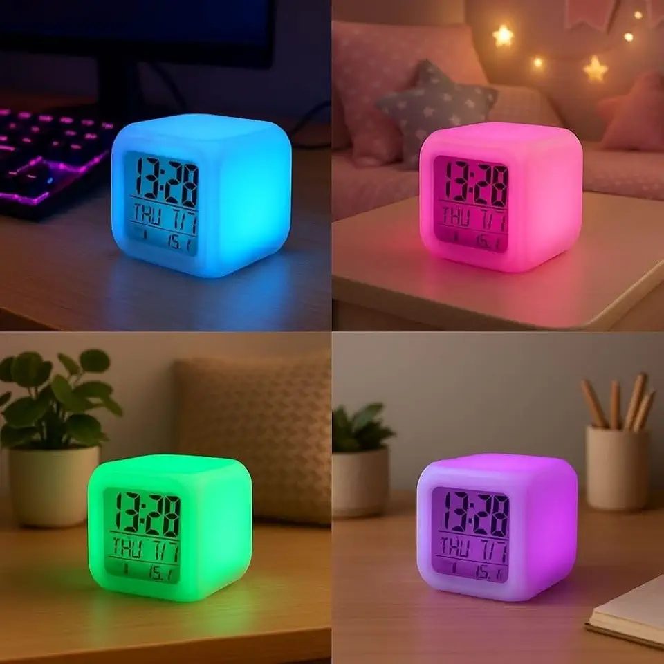 Relógio Digital LED 7 Cores Cubo Multicolorido com Temperatura, Data e Hora, Iluminação Automática