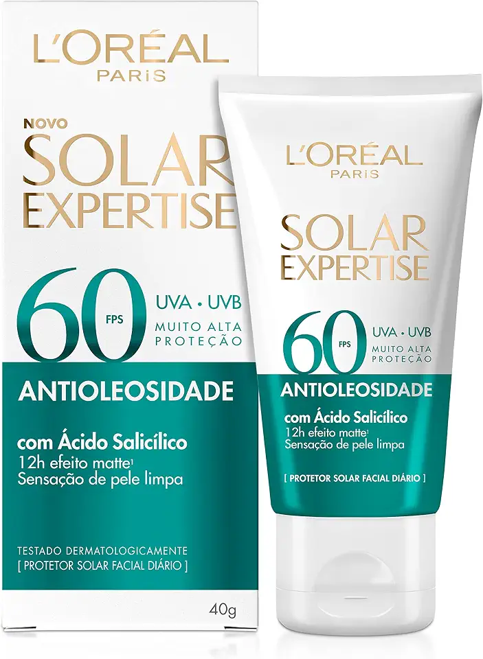 Protetor Solar Facial Antioleosidade FPS60, Controle de Oleosidade por 12h, Efeito Matte Sem Cor, Solar Expertise L'Oreal Paris, 40g
