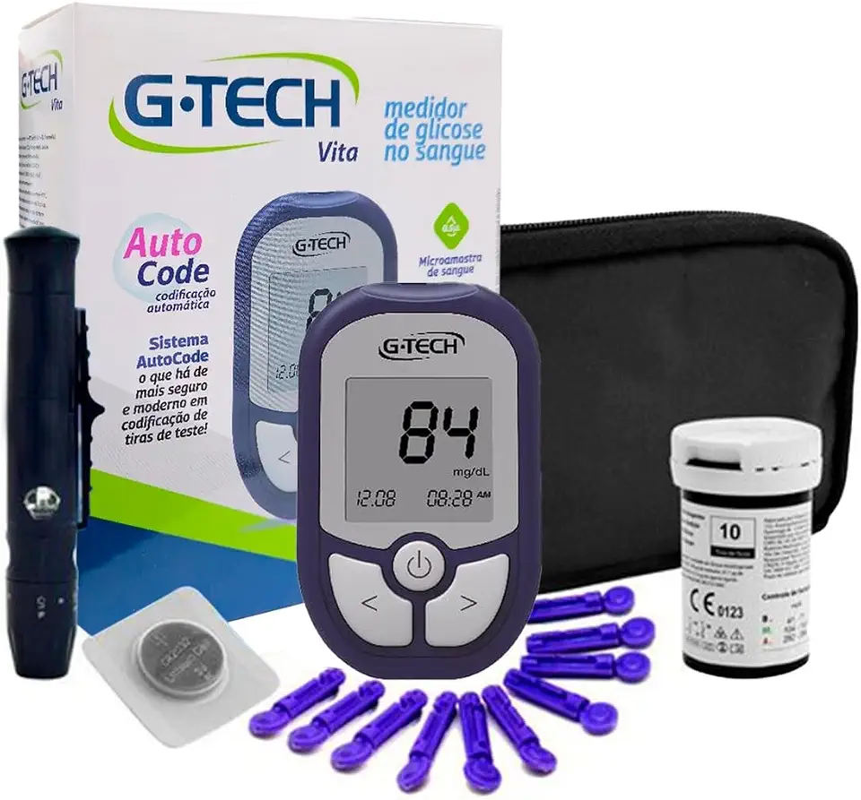 Kit Medidor de Glicose G-Tech Vita Com 10 Tiras + 10 Lancetas E Caneta Lancetadora - Glicosímetro Glicemia
