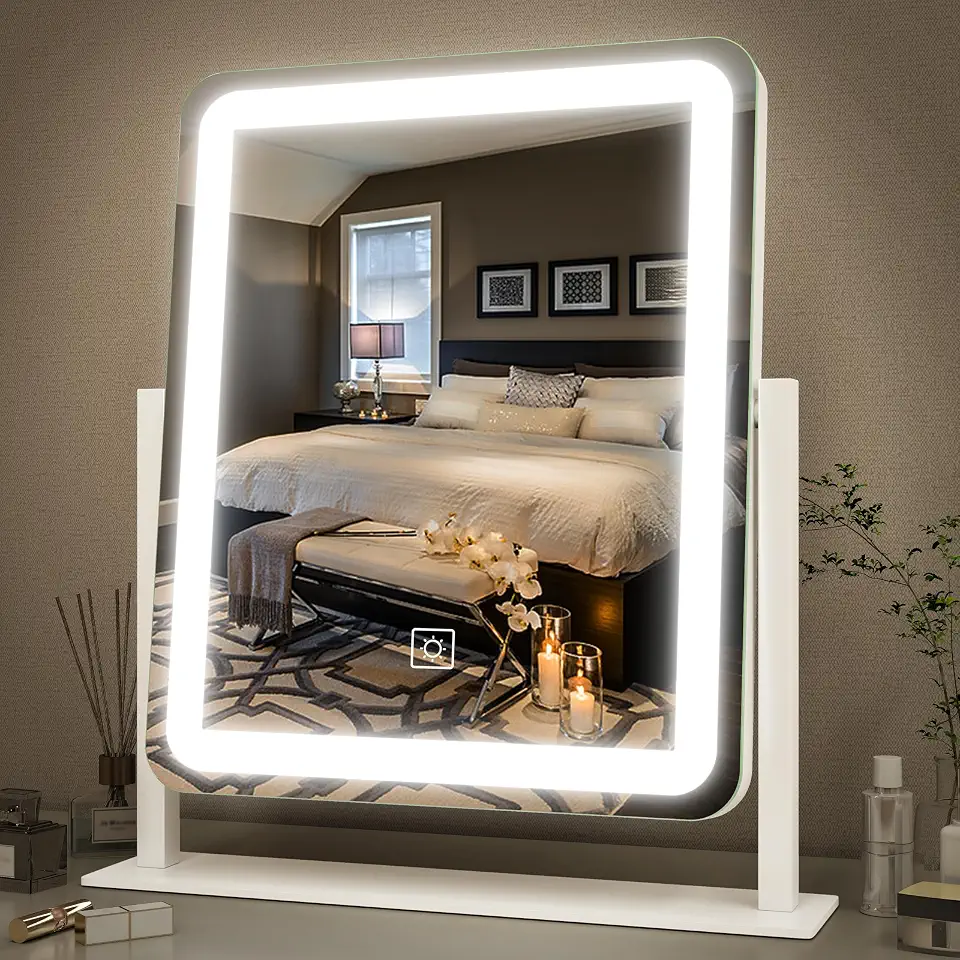 FENNIO Espelho de Maquiagem Iluminado - Espelho Grande com Luzes LED de 38 x 32 cm, Tela Sensível ao Toque com Iluminação em 3 Cores, Regulável
