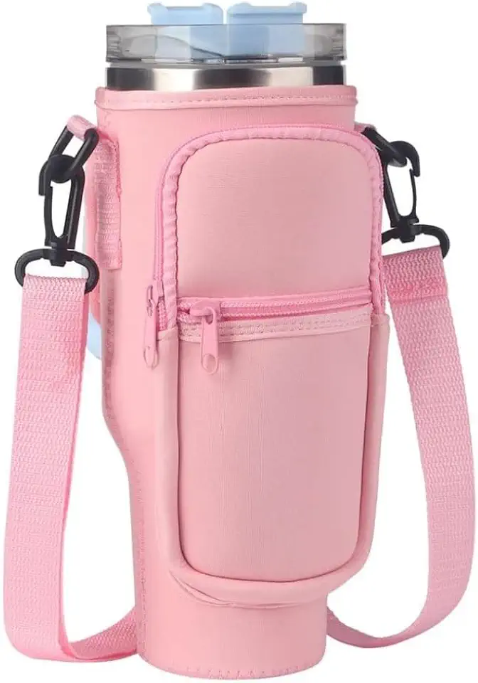 Bolsa Porta Garrafa, Squeeze, Copo Térmico Com Alça Ajustável Shoulder Bag com bolso para celular, de neoprene, com alça ajustável, tampa para canudo e mosquetão (Rosa)