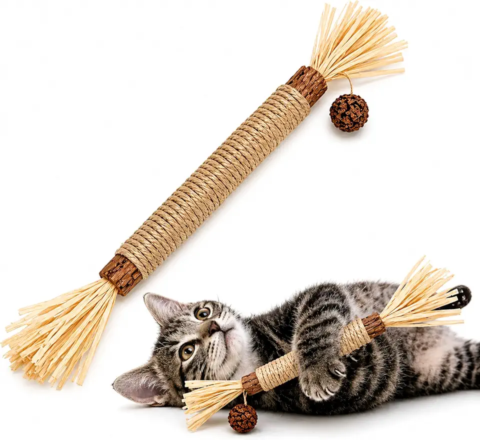 ALENKO Brinquedo Natural para Gatos com Silvervine Matatabi Kit com 2 Unidades Varinha Interativa Artesanal com Corda Palha e Frutas Secas Estimula Exercício Diversão e Relaxamento como Catnip