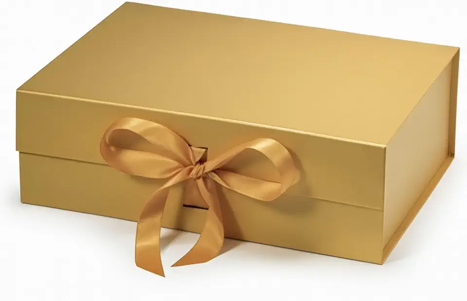 Caixa FlexBox Rígida de Papel com Imã e Cetim para Presente - Y338 (Dourado, 33x25x12cm)
