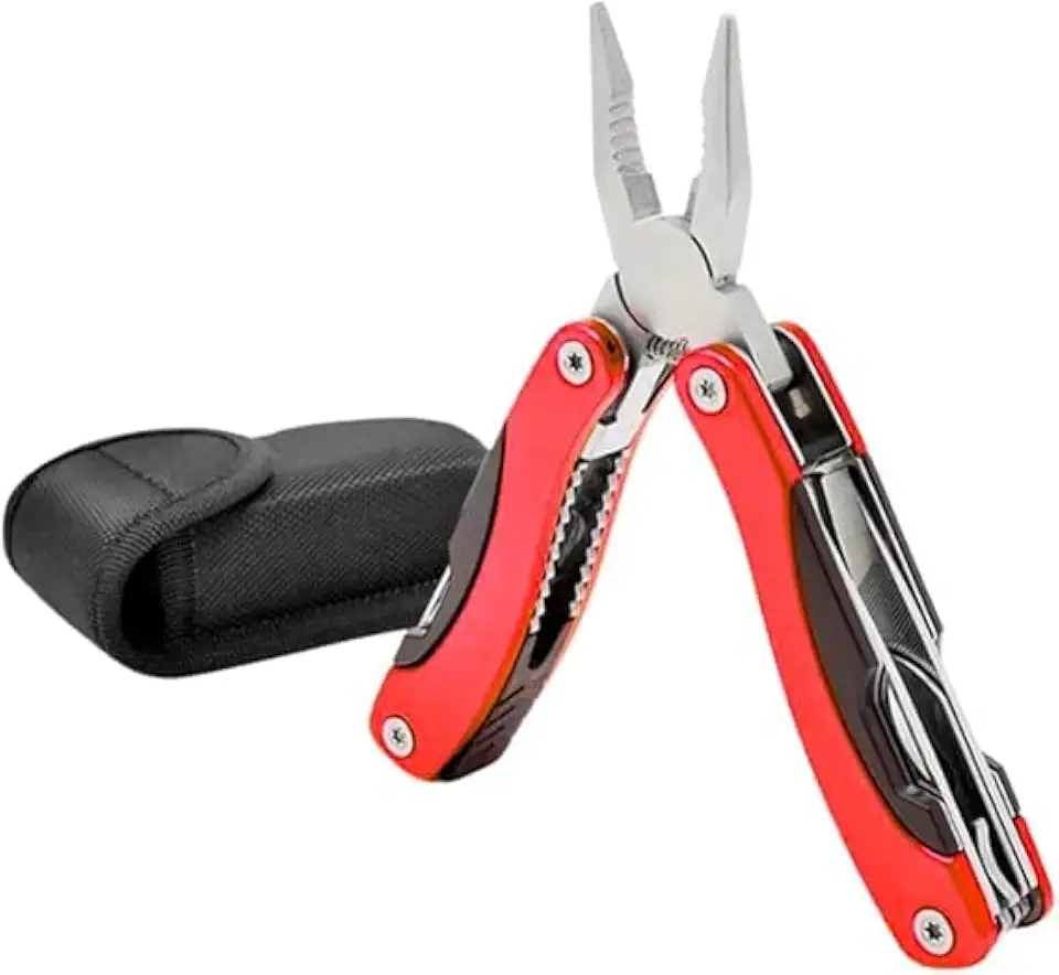 Alicate Multifuncional 9 em 1, Aço Inox, com Bainha, Vermelho, para Camping e Pesca