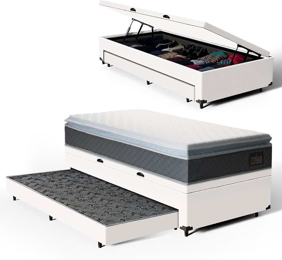 Bicama Box Baú Solteiro com Colchão de Espuma D45 Pillow Top Fort Comfort + Auxiliar Unique 88cm (Branco)
