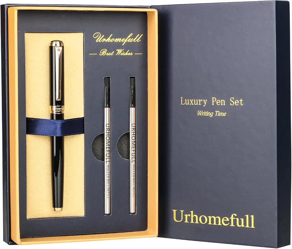 Impressionante caneta esferográfica de luxo com acabamento em ouro 24K, ponta suíça com recargas de tinta preta, conjunto de para homens e mulheres, conjunto de escrita elegante para negócios, preto brilhante