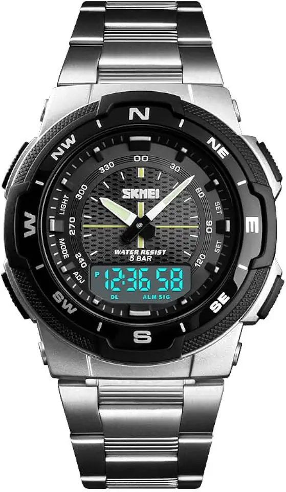 Relógio de pulso masculino de marca 1370, com pulseira de aço inoxidável, mostrador de data, ponteiros luminosos e mecanismo de quartzo Wristwatch