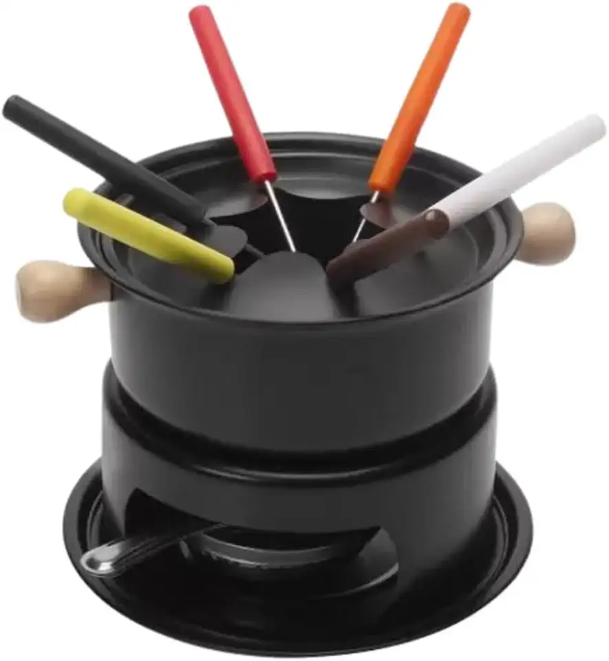 Aparelho de Fondue 13 Peças Linha Fratelli Preto com Panela Antiaderente 1L, Queimador Inox, Base com Prato, Garfos Coloridos e Design Compacto e Funcional