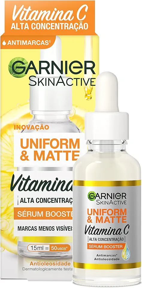 Garnier Uniform & Matte Sérum Facial Antimarcas Vitamina C, Niacinamida e Ácido Salicílico, Reduz Marcas Visivelmente, Controla Oleosidade, Efeito Matte, Hidrata e Uniformiza a Pele, 15ml