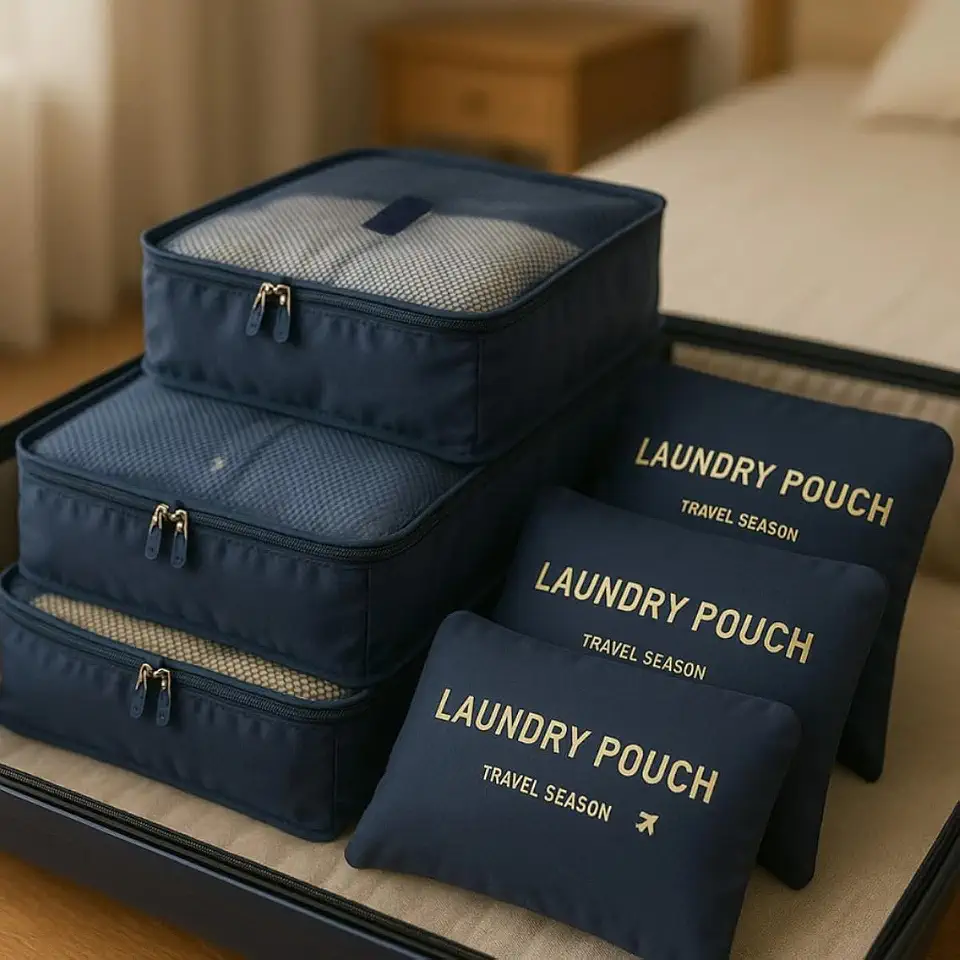 Kit Organizador de Mala 6 Peças Luxo da Bsan Shop Para Viagem Conjunto Completo Bolsas Necessaire Sapatos Maquiagem Roupas Praticidade e Organização (Azul Marinho)